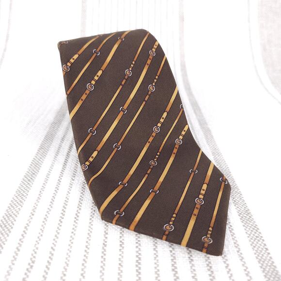 GUCCI Tie Brown Equestrian Silk Horsebit Necktie Designer Vintage Logo Italy - Picture 1 of 6